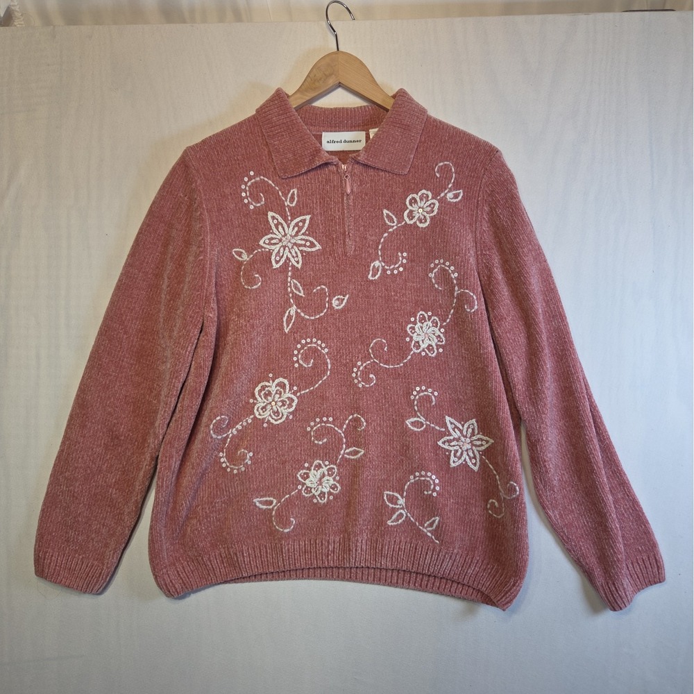 Alfred Dunner Women's Large Pink Chenille Sweater Floral Sequin 1/4 Zip Embroide
